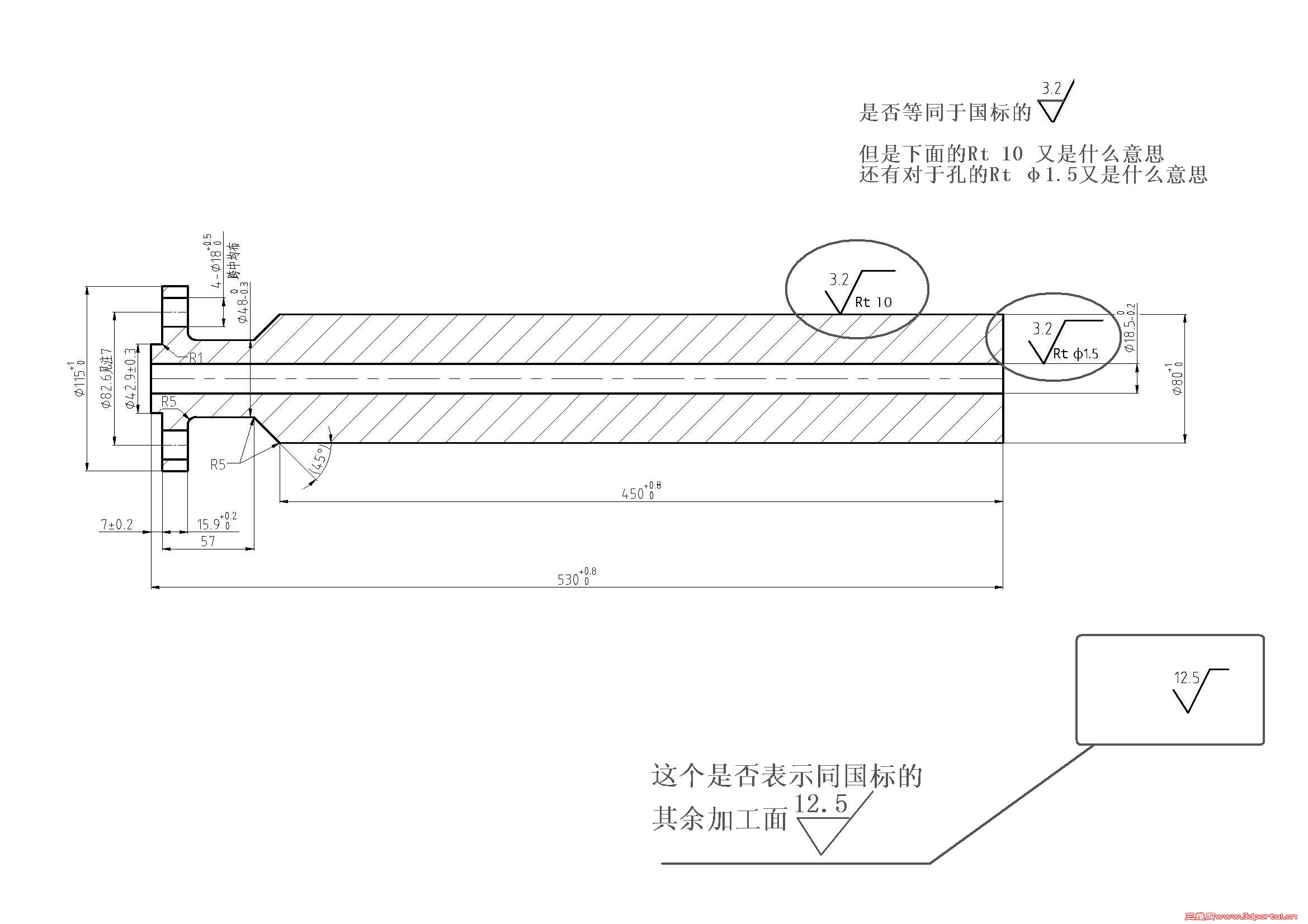 proe老外工程图中下图粗糙度代表什么意思,能同于国标ra多少?